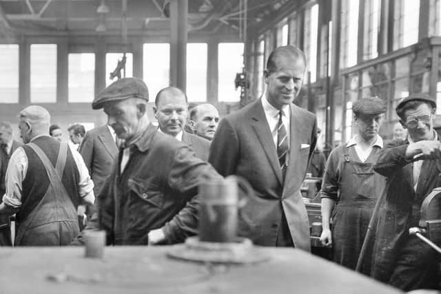 Sign our book of condolence for the Duke of Edinburgh, pictured here visiting Doxfords in July 1963.