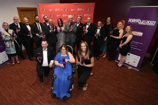 Tara Johnson of Tailored Leisure Company, centre, and all of other winners of the 2021 Sunderland Echo Portfoilio Business Awards.