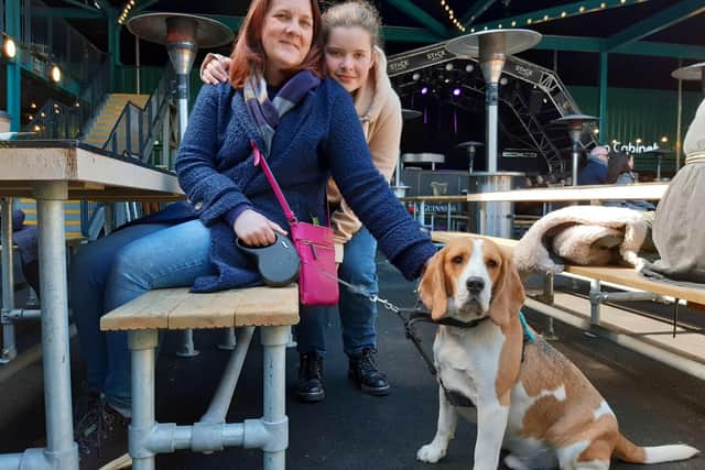 Stack Seaburn reopens on the first day with the new outdoor hospitality rules. Claire Redpath with daughter Erin, 12 and Benny the dog.