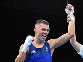 Great Britain's Pat Mccormack celebrates winning against Kazakhstan's Ablaikhan Zhussupov during the Men's Light Welter (64kg) match at the Rio 2016 Olympic Games at the Riocentro - Pavilion 6 in Rio de Janeiro on August 11, 2016.
