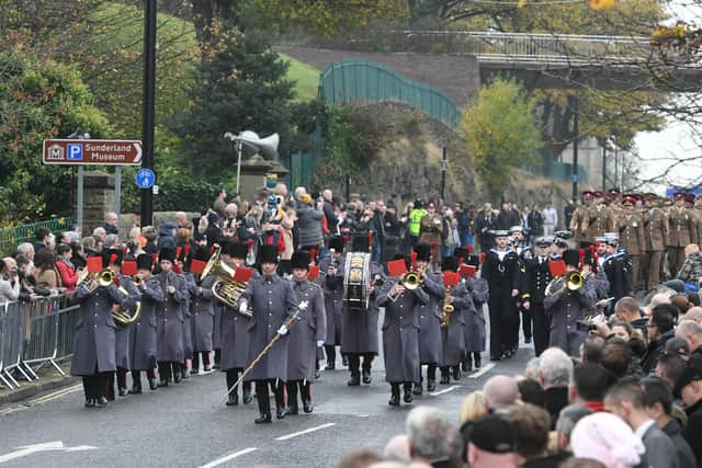 The Remembrance parade making its way along Burdon Road towards the war memorial.
