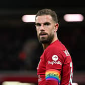 Jordan Henderson, captain of Liverpool, wearing the rainbow captain armband in support of the LGBTQ+ during the Premier League match against Leeds United at Anfield.