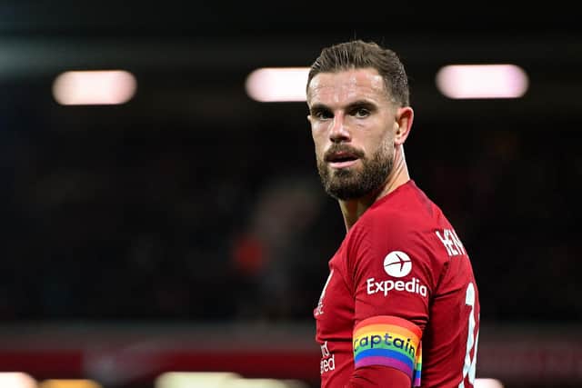 Jordan Henderson, captain of Liverpool, wearing the rainbow captain armband in support of the LGBTQ+ during the Premier League match against Leeds United at Anfield.