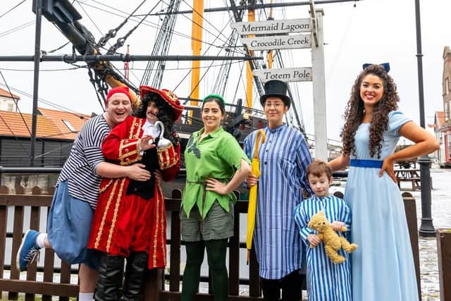 l to r, Joe Coulson as Smee, Phil Stabler as Captain Hook/Mr Darling, Clare Archer as Peter Pan, Katherine Donald as John, Nicholas Cunliffe as Michael and Emma Coulson as Wendy.
Photo opportunity courtesy of the National Museum of the Royal Navy Hartlepool.