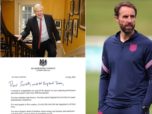 Prime Minister Boris Johnson has written to the England football team ahead of their clash with Italy in Sunday's Euros final.