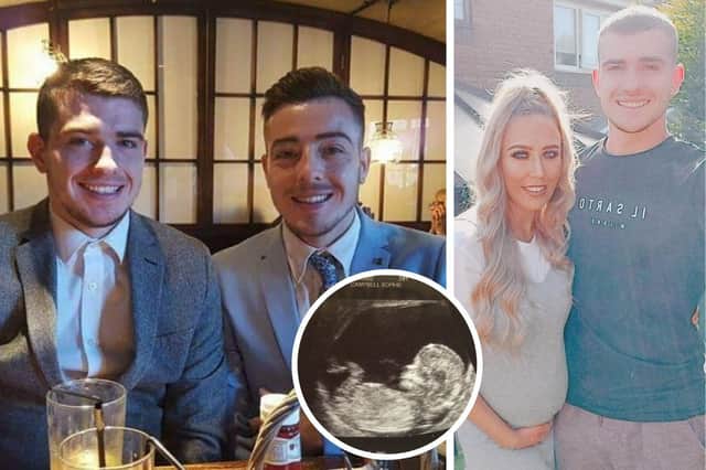 Left: Twin brothers Sean and Ryan Collard who were both diagnosed with testicular cancer within days of one another. Right: Sean and his partner Sophie Campbell who is pregnant. Middle: A scan of the baby boy due in September.