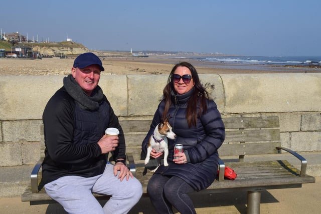Darren and Claire Douglas with their dog Lola at Roker, Sunderland on Monday.