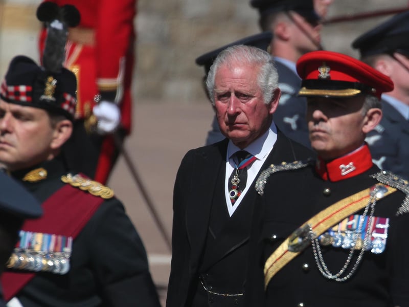 The Prince of Wales walking in the procession to St George's Chapel ahead of Prince Philip's funeral which started after a national minute's silence at 3pm.
