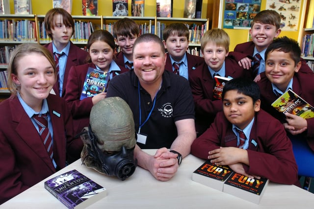 Author Alexander Gordon Smith with Year 7 pupils at Thornhill School in 2012.