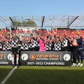 Greg Olley lifts the National League North trophy for Gateshead FC (photo: Charles Waugh).
