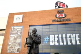 WIGAN, ENGLAND - SEPTEMBER 21: General view outside of the stadium displaying a statue of Dave Whelan ahead of the Carabao Cup Third Round match between Wigan Athletic and Sunderland at DW Stadium on September 21, 2021 in Wigan, England. (Photo by Jan Kruger/Getty Images)