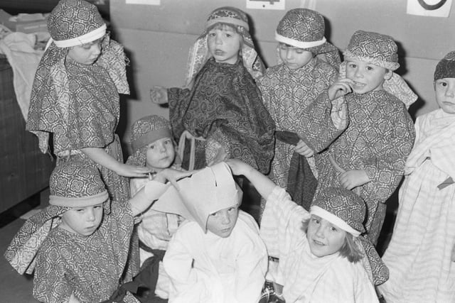 Shepherds waiting to go on stage in the 1974 Blackfell Nativity.