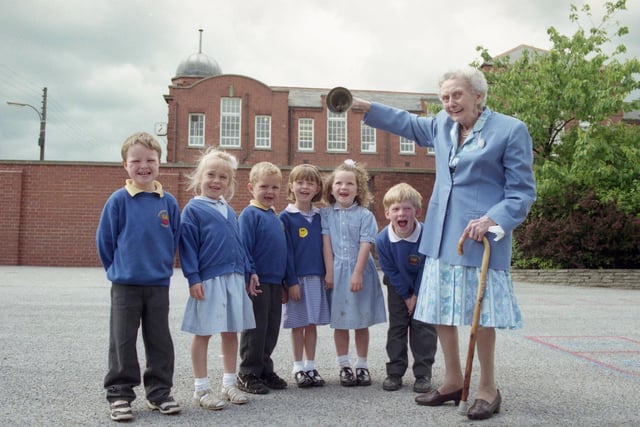 Ex-teacher Gladys Watson, 94  stepped through the doors of Easington Colliery Primary School to revisit the school she taught at for 16 years. She was pictured in 1996 with reception class pupils: Daniel Patterson, Rachael Harle, Luke Whittington, Stacey Hornsby, Keighley Harriman and Martin Dunn.