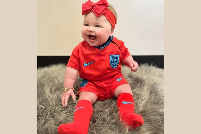 Valentina-Rose, age 6 months, has her England outfit ready.