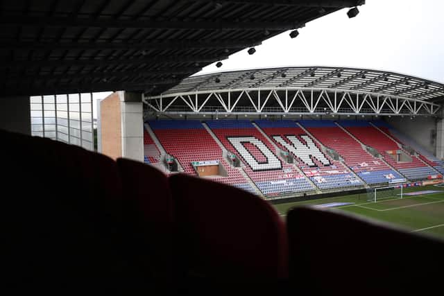 WIGAN, ENGLAND - FEBRUARY 06: A general view inside the stadium prior to the Sky Bet League One match between Wigan Athletic and AFC Wimbledon at DW Stadium on February 06, 2021 in Wigan, England. Sporting stadiums around the UK remain under strict restrictions due to the Coronavirus Pandemic as Government social distancing laws prohibit fans inside venues resulting in games being played behind closed doors. (Photo by Alex Pantling/Getty Images)
