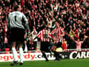 Kevin Phillips is congratulated by team mate Niall Quinn during the FA Carling Premiership match between Sunderland and Chelsea played at the Stadium of Light.