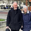 The late John and Maureen Bailey at the Good Friday Walk of Witness in Victory Square, Hartlepool, in 2023.