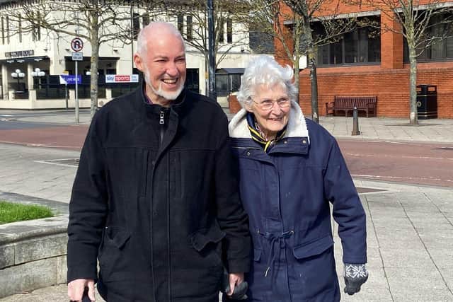 The late John and Maureen Bailey at the Good Friday Walk of Witness in Victory Square, Hartlepool, in 2023.