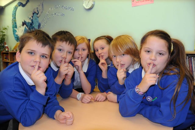 Grangetown Primary school pupils, from left; Kane Godfrey, Dalton Gray, Chloe Stuart, Natalie Gibson, Michael Hall, and Caitlin Talbot during a School of Silence workshop organised by Childrens BBC in 2011.