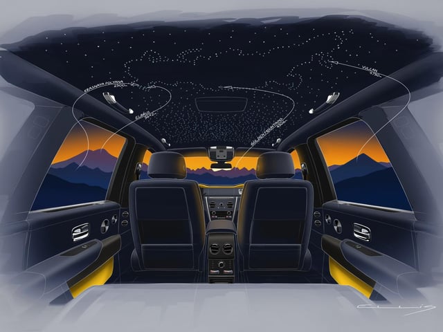 CANVAS: CULLINAN │MEDIUM: PAINT, STARLIGHT HEADLINER, EMBROIDERY
Cullinan proved the perfect canvas for a series of four individual Bespoke commissions dedicated to legendary Russian mountains: ‘Elbrus’, ‘Krasnaya Polyana’, ‘Golden Mountains’ and ‘Klyuchevskaya Sopka’.
The Iced Black Diamond, Iced Gunmetal Steel, Midnight Sapphire Blue and Premiere Silver exterior hues are inspired by frosty peaks and are complemented by darkened chrome exterior detailing on each of the Cullinans. Inside, a map of Russia is depicted on the Starlight Headliner while mountain peaks are embroidered on the headrests. The engraved sill plates of each car bear an inscription naming the mountain region that inspired its design, as well as the height of the highest peak in each region.