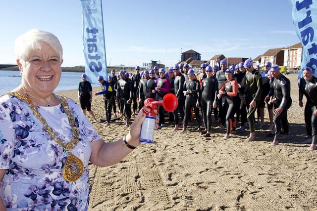Mayor of Sunderland Councillor Alison Smith prepares to start the triathlon.