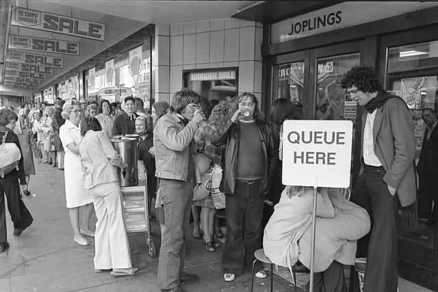 A queue outside Joplings as shoppers prepare to hit the sales of the John Street shop on June 25, 1975.