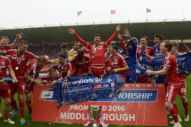 The Middlesbrough players celebrate promotion