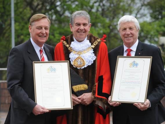 John Hays (left) and Jimmy Montgomery receive the Freedom of the City from Mayor Barry Curran earlier this year.