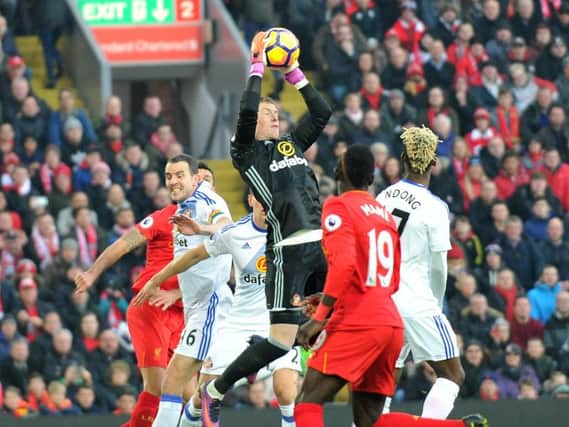 Jordan Pickford takes a cross for Sunderland at Anfield. Picture by FRANK REID