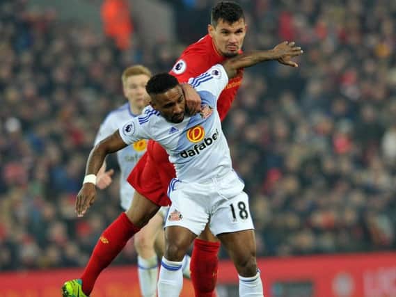 Jermain Defoe in action for Sunderland against Liverpool at Anfield on Saturday.