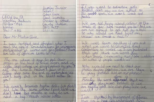 A pupil's letter to the FA from a pupil at Lumley Junior School, complaining about the document to get more girls playing football. Pic: PA.