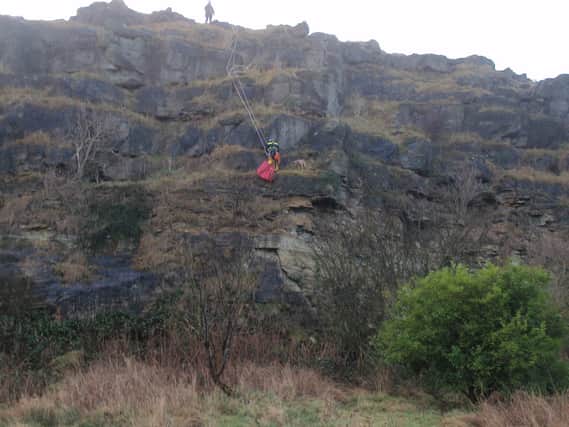 Maddie trapped on a ledge half way down the cliff.