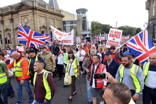 Demonstrators marching through Sunderland