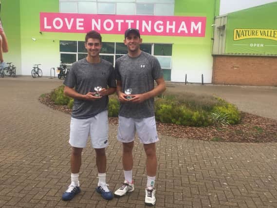 Sunderland tennis player Jonny Binding (right) with his doubles partner Scott Duncan (left) after winning their first title together in Nottingham.