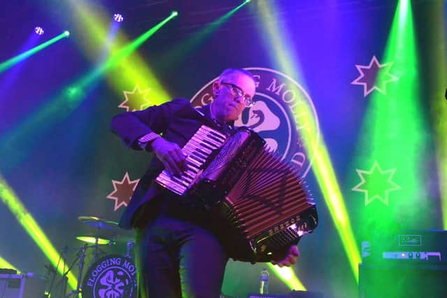 Flogging Molly accordionist Matt Hensley in action at the O2 Academy in Newcastle as they headlined the Fireball - Fuelling The Fire tour.