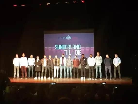 The Sunderland squad onstage at the Empire theatre ahead of a special screening event.
