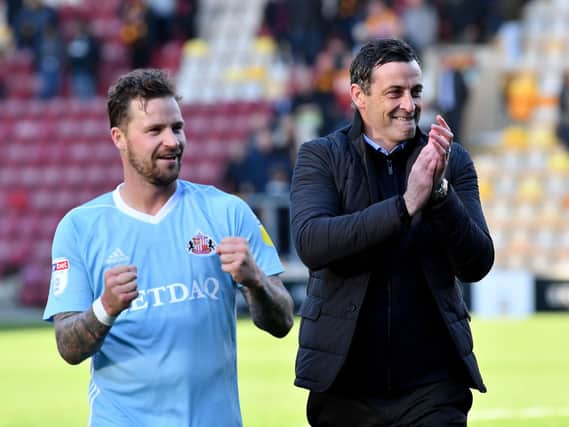 Jack Ross and Chris Maguire celebrate a crucial win at Bradford City
