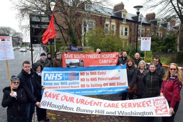 Campaigners protesting about the closure of the walk-in centres at Bunny Hill, Houghton and Washington before today's meeting of the Sunderland CCG board.