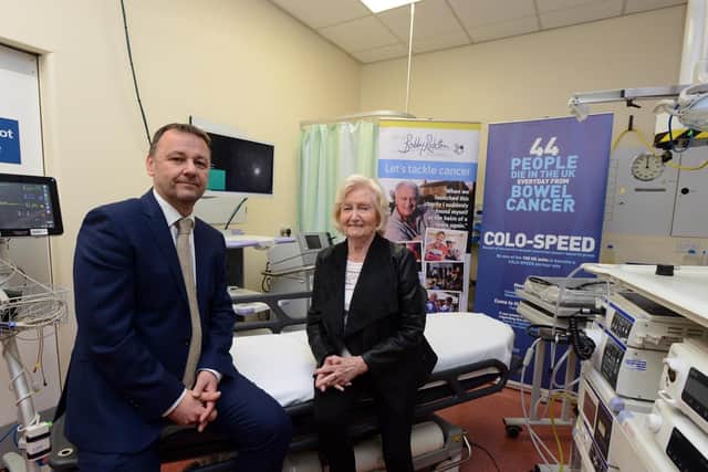 Professor Colin Rees, Professor of Gastroenterology, with Lady Elsie Robson at the launch of the COLO-SPEED project at South Tyneside District Hospital.