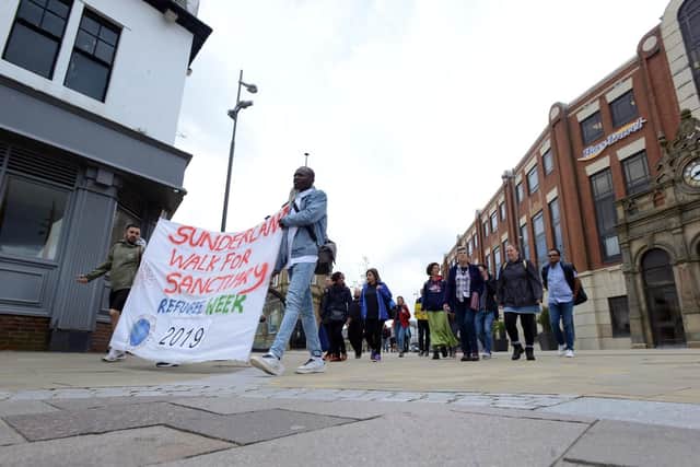 The City of Sanctuary refugee walk starting heading through Sunderland City Centre