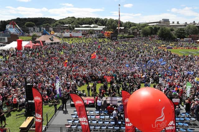 Thousands gathered at the Durham Miners' Gala to listen to the speakers on the Racecourse Ground at a previous Big Meeting. Photo by PA.