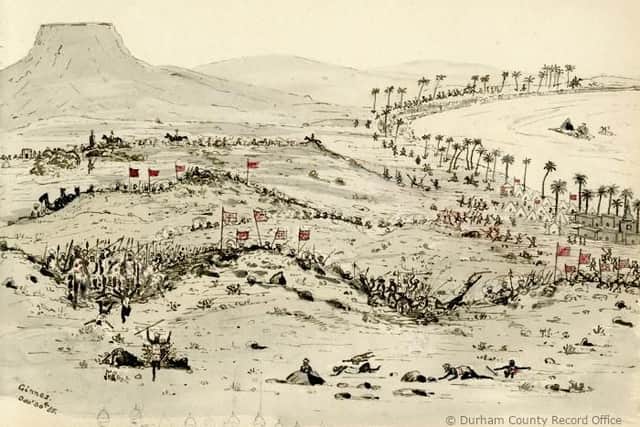 An ink drawing of the battlefield at Ginnis in the Sudan by Captain Alfred William Baker of the 2nd Battalion DLI - ref D/DLI Acc 9218;