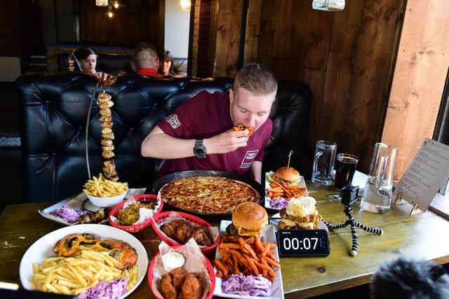 Super eater Kyle Gibson at the start of his latest eating challenge at The Meat Up Bar & Grill, in Derwent Street, Sunderland.