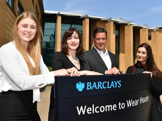 Houghton and Sunderland South MP Bridget Phillipson and Jes Staley (centre) launch the Barclays recruitment scheme with apprentices  Natasha Lackenby and  Francessca Teasdale.