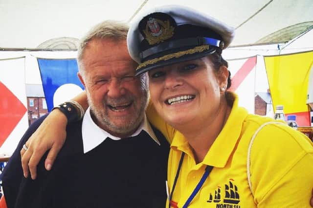 Naomi with Captain Ireneusz Lewandowski, Captain of the Dar vessel at the Tall Ships Regatta in Blyth in 2016