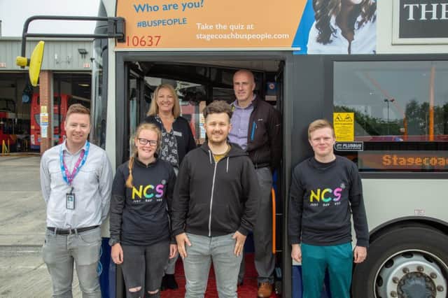 NCS graduates Simeon Sayer, 16, and Anya Wright, 16, with Steve Walker, managing director for Stagecoach North East, and Maxine Tennet, director of operations for vInspired.