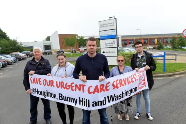 Primary Care Centres urgent care removal campaign. Coun Kevin Johnston. Back from left Coun Alex Scullion, local resident Rainer Meek,  Coun Juliana Heron and  Coun Jack Cunningham