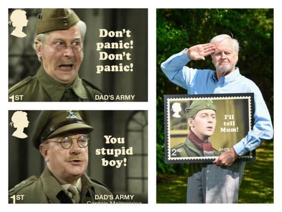 Ian Lavender holding a print of himself in character as Private Pike, as a new set of eight stamps is being issued to mark the 50th anniversary of TV comedy classic Dad's Army.