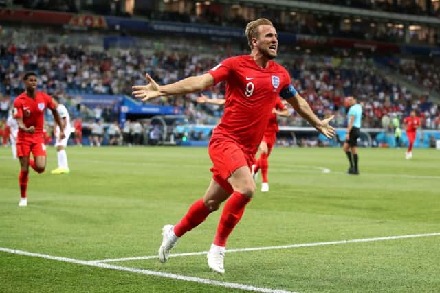 England's Harry Kane celebrates scoring his side's second goal of the game against Tunisia game during the FIFA World Cup Group G match at The Volgograd Arena, Volgograd. Photo: Adam Davy/PA Wire.