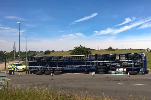 The overturned lorry in Washington. Picture by Northumbria Police.